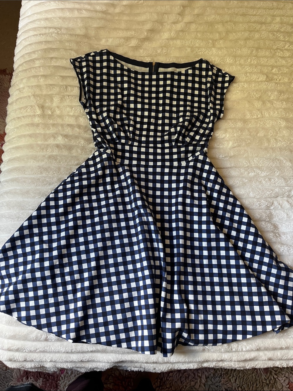 kate spade Navy and White Gingham Fit-and-Flare Midi Dress with Cap Sleeves